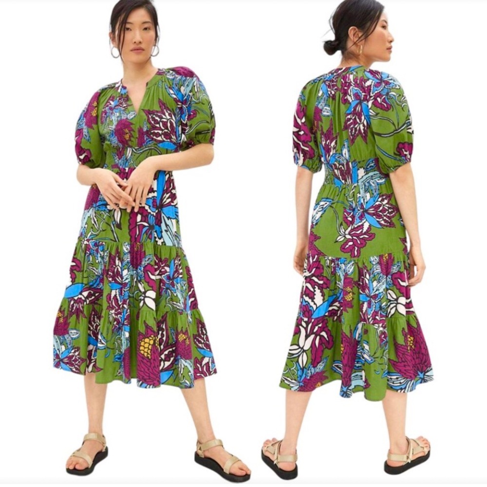 Green Floral Midi Dress with Puff Sleeves - Picture 3 of 16